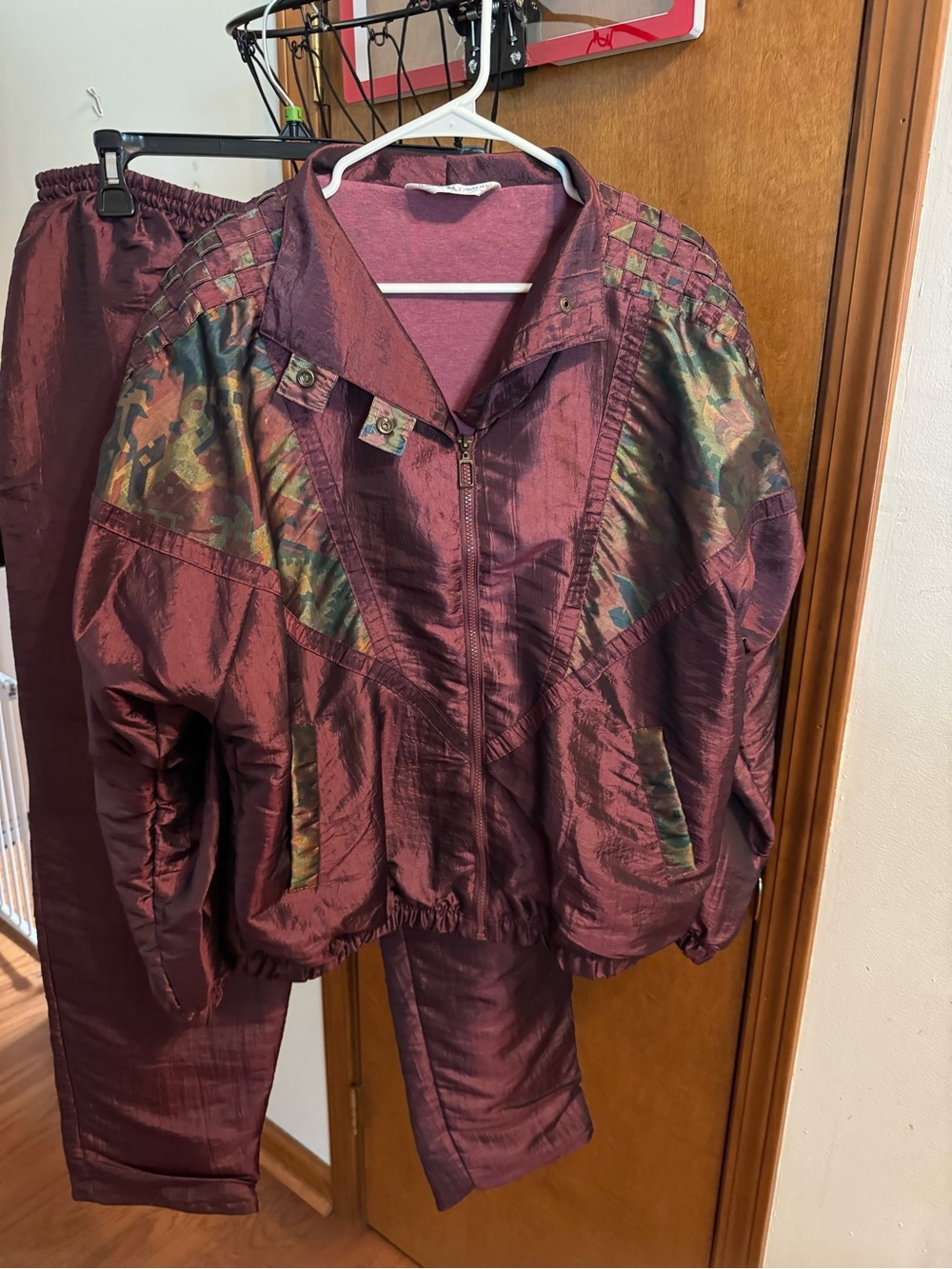 Source Unknown Maroon Track Jacket and Pants Set with Iridescent Camo Panels
